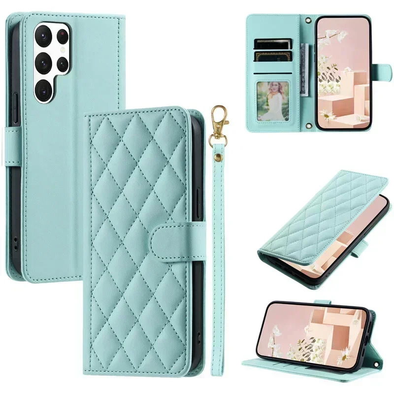 Checkered Leather Wallet Case For Samsung Galaxy S24 S23 S22 S21 S20 FE S10 Note 20 Ultra 10 Plus 9 8 Lanyard Flip Phone Cover