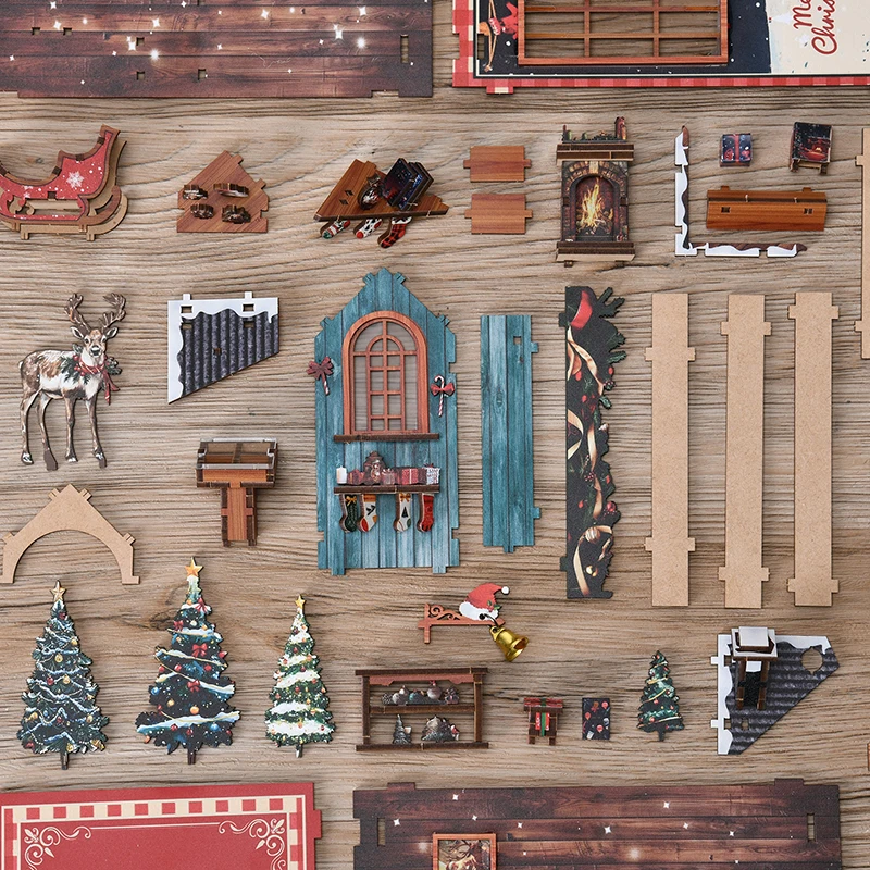 DIY Book Nook ชุดโมเดลไม้จิ๋วสโนว์เรล์ม เวย์ศาลา Bookend 3D ปริศนาชั้นวางหนังสือคริสต์มาสสำหรับของขวัญเพื่อน