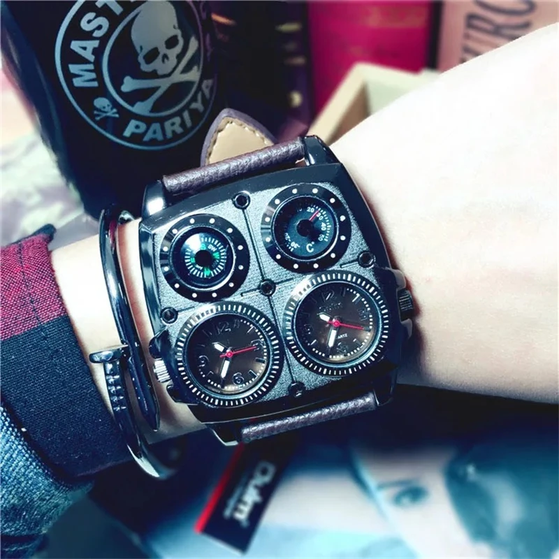 European and American Style Large Dial Men's Quartz Watch, Personalized Korean Fashion Trendy Square Watch, Leather Strap Watch for Male Students, Cool Street Style Hot Item, Dual Time Zone Display, Decorative Thermometer and Compass, the Best Gift for Him