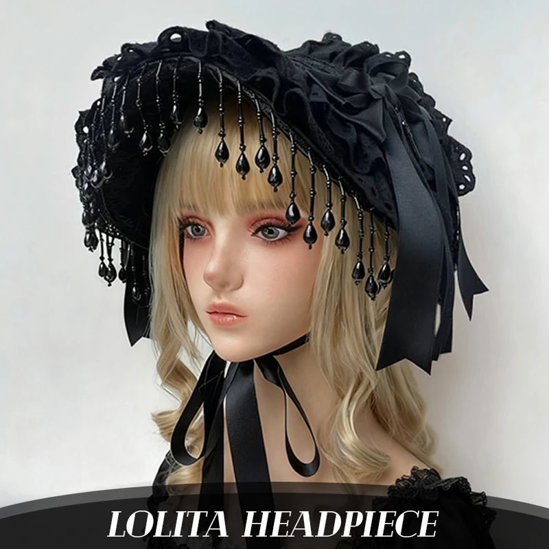 1pc Lolita Gothic Dark Headpiece Hat Black Pearl Tassel Lace Black Rose Feather Photo Prop Cosplay Headdress Hair Accessories
