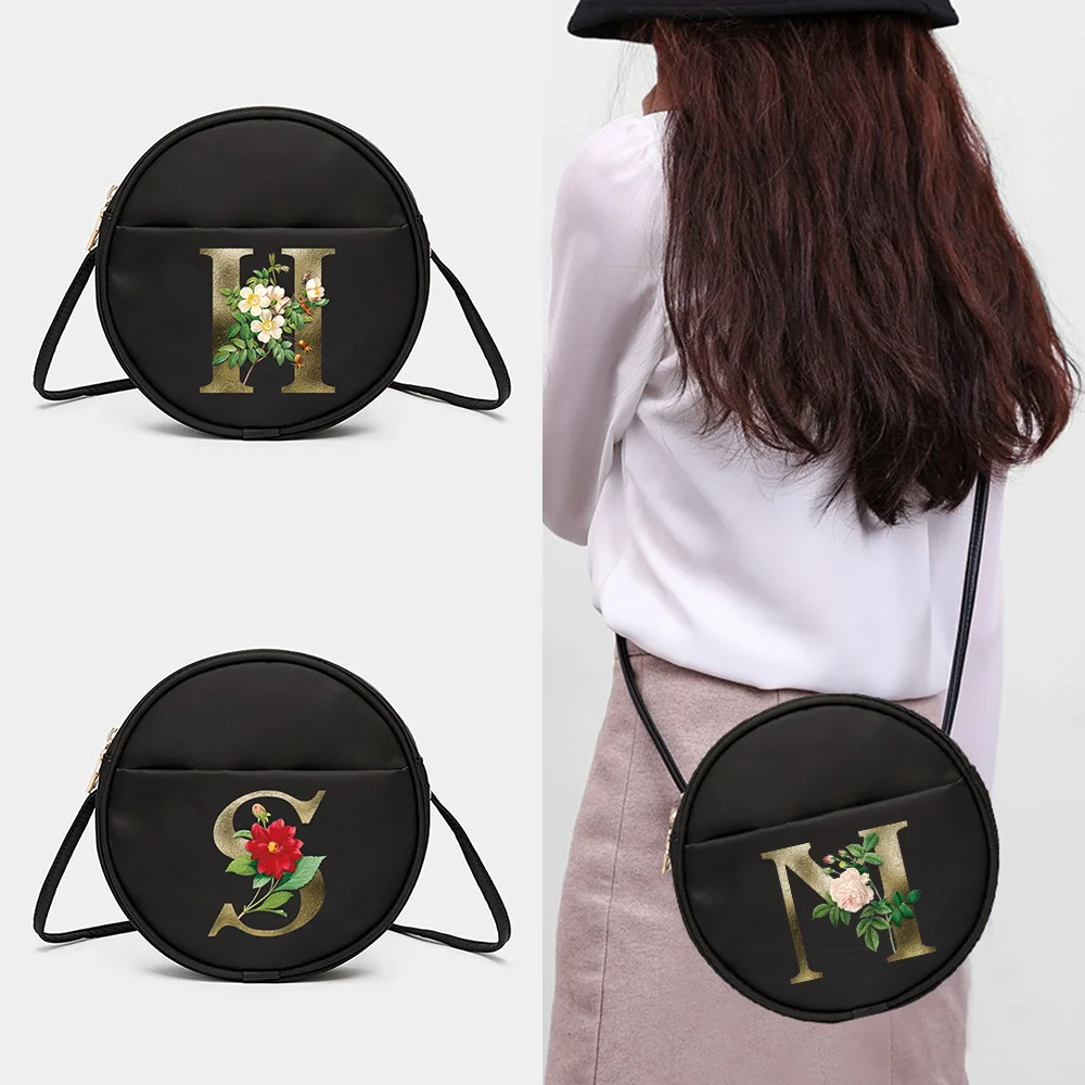 Female Crosssbody Shoulder Bag Golden Flower Letter Name Pattern Shoulder Bags for Women Totes Round Messenger Bag Shopping Bag