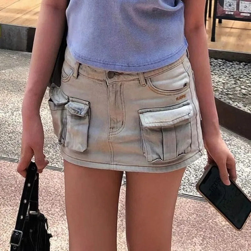 

y2k high street design sense asymmetrical pocket denim skirt dirty dye low waist mini skirts for women