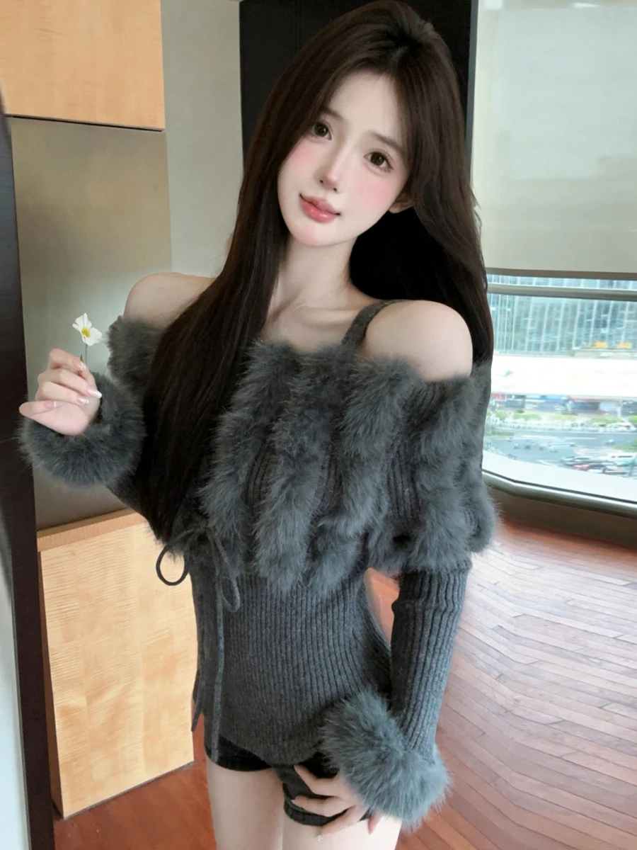 Sexy Slim Fit Knitted Sweater One Shoulder Design Furry Patch Work Base Layer Knitwear Pure Desire Thousand Gold Wind High En...