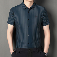 Seamless Silky High-End Men Shirt Short Sleeve Striped Casual Summer Quality Smooth Comfortable Elastic Luxury Camisas De Hombre
