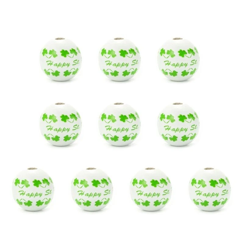 

Patrick's Day Beads 10 Pcs Irish Clover Pattern Wooden Round Bead for DIY Home Festival Party Crafts Decor