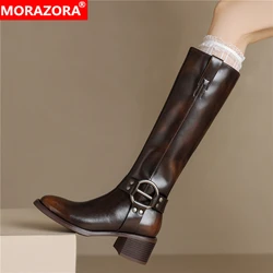 MORAZORA New Genuine Leather Boots Women Zipper Square High Heels Knee High Boots Winter Ladies Long Motorcycle Boots Size 40