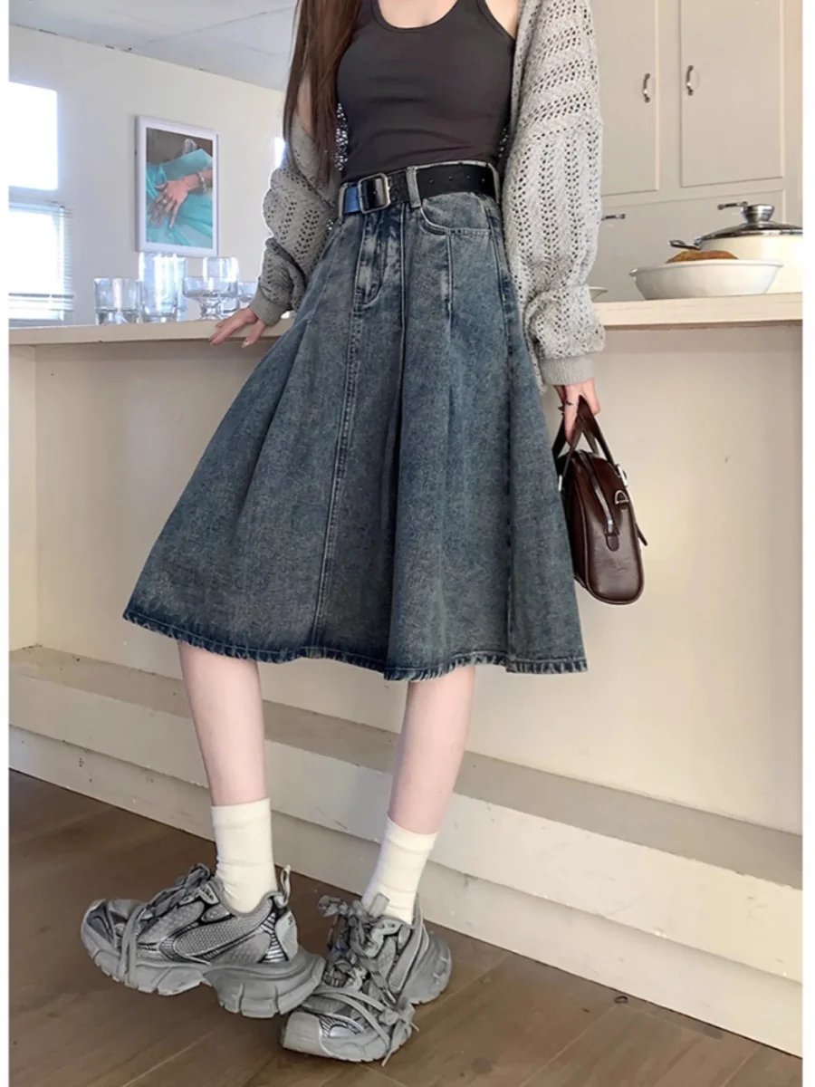 

plus Size American Denim Skirt Women's Spring Summer High Waist A-Line Midi Skirt Design Sense Pleated Cotton Polyester