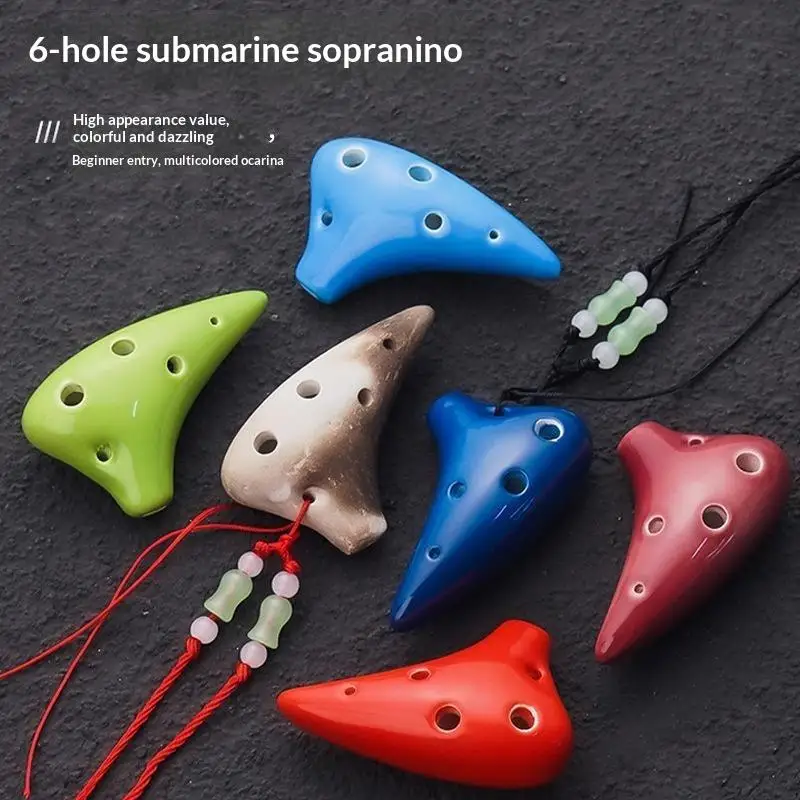 Mini Alto C Ceramic Ocarina Necklace 6 Hole Black Pottery Flute Instrument With Lanyard 7 Assorted Colors