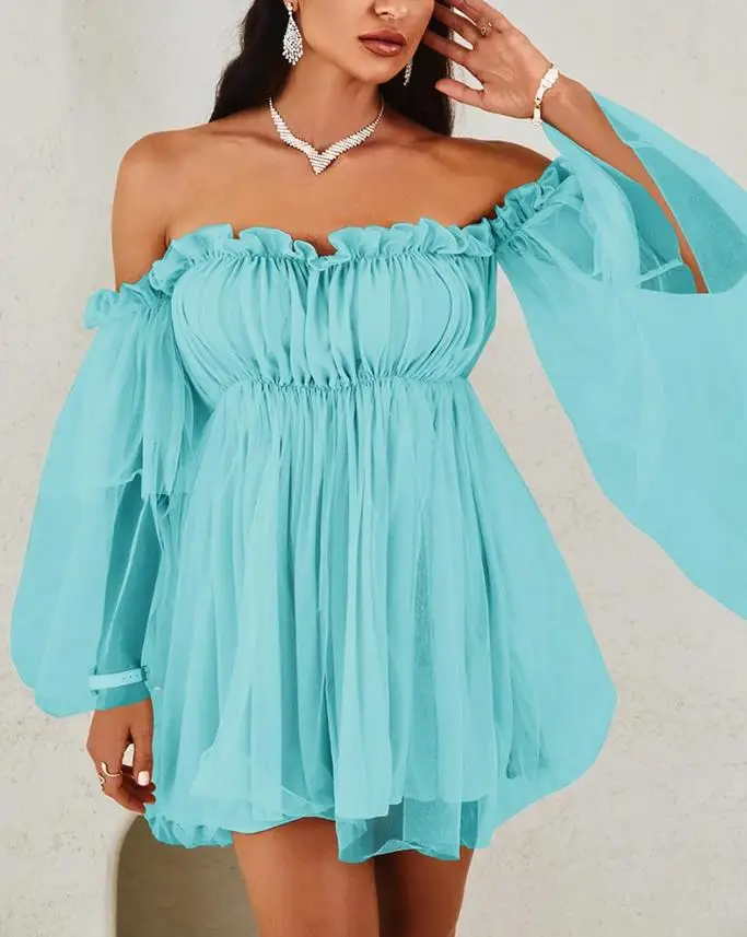 Women's Sweet Dress 2024 Spring/summer Latest Off Shoulder Ruffle Edge Bell Sleeve Transparent Mesh Swinging Mini Short Skirt