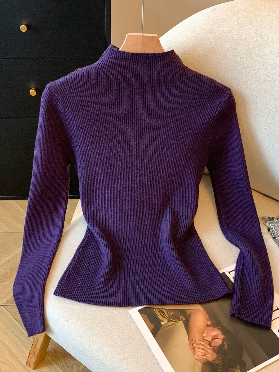Ele ape Lila Strickpullover Damen Herbst Winter Basisschicht aushöhlen Halbhoher Kragen Slim Fit Pendler Sle