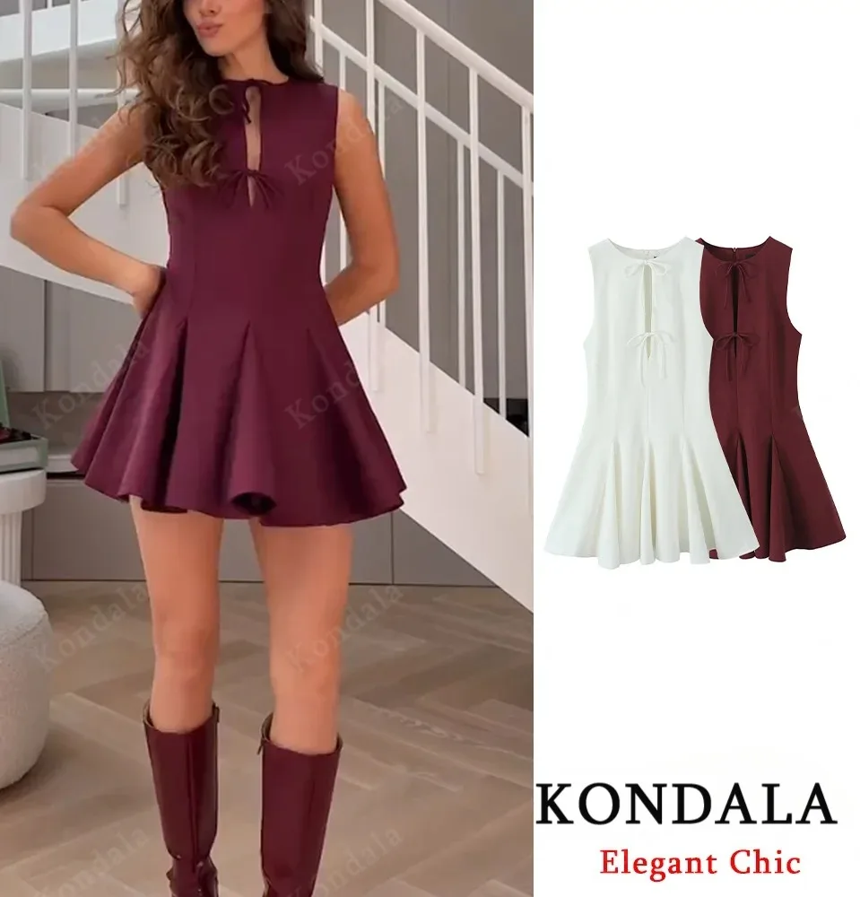 เดรสจีบผูกโบว์แขนกุดสำหรับผู้หญิง KONDALA รุ่นใหม่ปี 2025 แฟชั่นฤดูร้อน สไตล์โรแมนติก เรียบง่าย เหมาะสำหรับวันหยุด