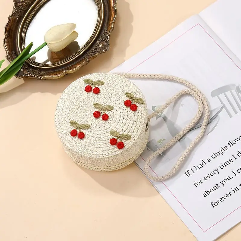 Faltbare gewebte Strohtasche für Kinder, Sommer-Schultertaschen für Mädchen, rote Kirschen, Kinderhandtaschen, Strand- und Reisetaschen, kleine Geldbörsen – Detail 4