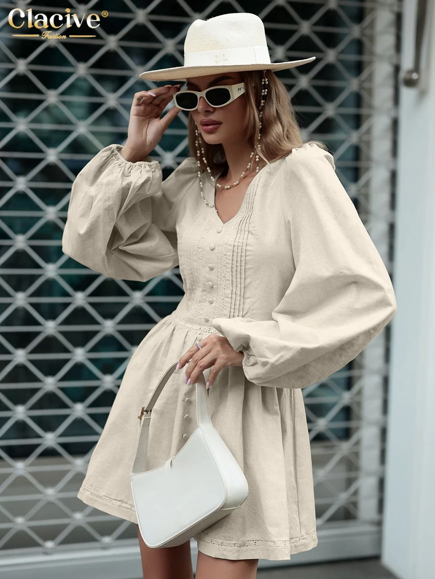 

Clacive Casula Loose Khaki Women's Dress 2024 Fashion V-Neck Puff Sleeve Mini Dresses Elegant Classic High Waist Female Dress