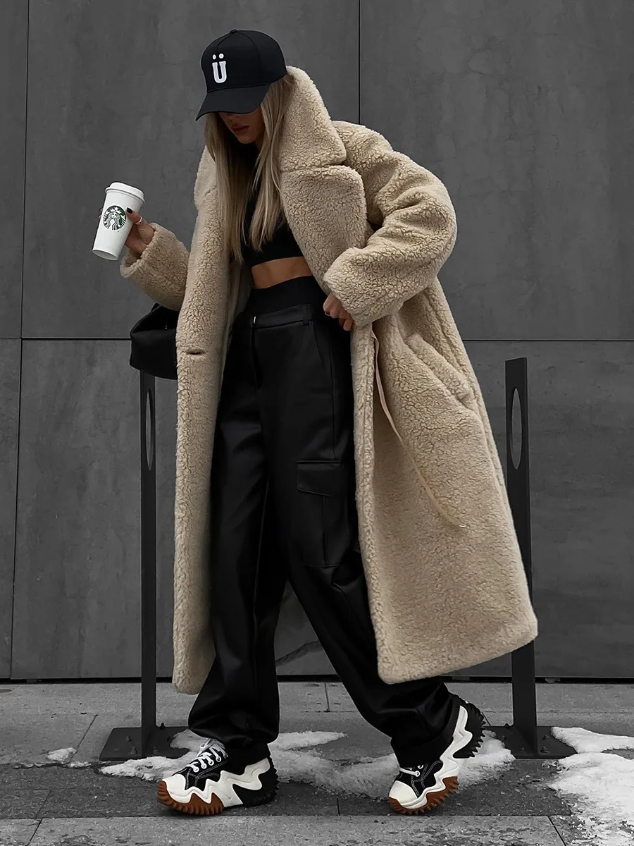 

Bornladies New Autumn Women's Fashion Retro Coats Fleece Fluffy Lamb Wool Jackets Long Warm Overcoat Blends