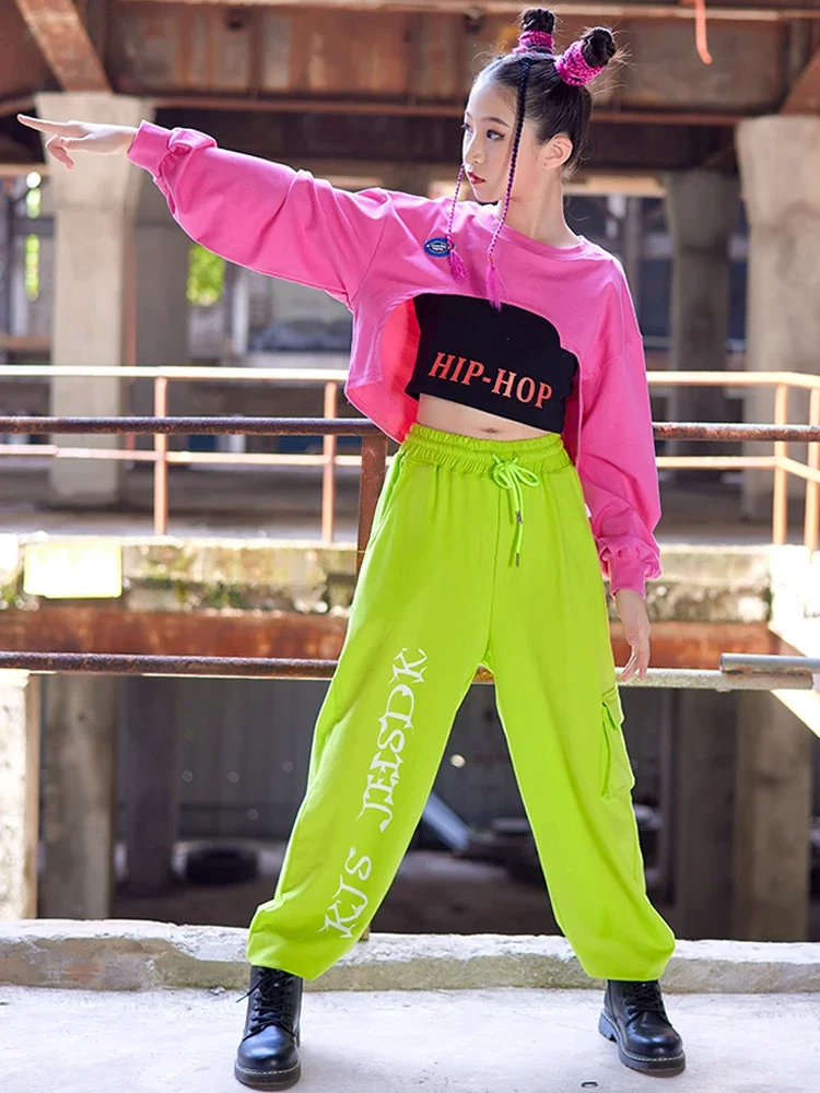 Hiphop Dance Kostuum Concert Kpop Performance Kleding Nieuwe Jazz Dance Tops Voor Meisjes Lange Mouwen Groene Joggingbroek Kids