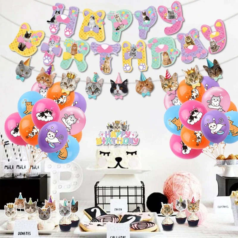 Pet Cat Birthday Party Decoration Kids Happy Birthday Banner Cat Cake Toppers Balloon