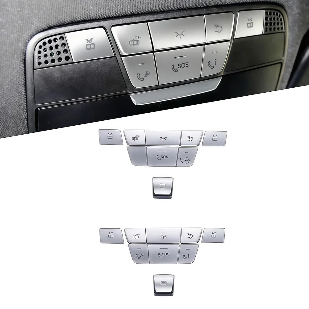 9pcs Stylish Silver Roof Reading Lamp Button Patch For Mercedes For GLC For CLS For EQC For S Class For E Class For C Class