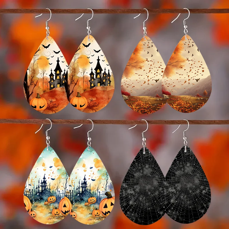 SOMESOOR Cute Halloween-Themed Wooden Teardrop Earrings Spider Pumpkin & Castle Patterns Dangle Jewelry- Perfect Gift for Girls