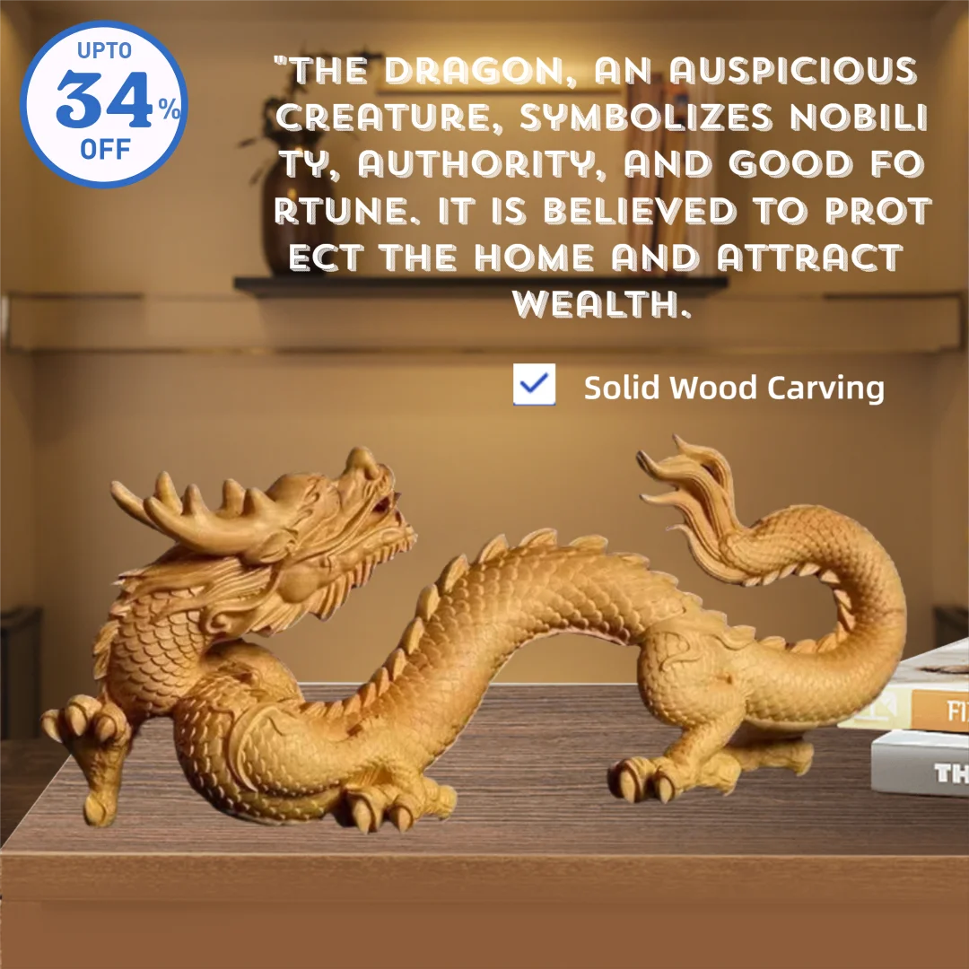 Wood Carving Shenlong Animals Statue Chinese Auspicious Beast, Solid Wood Carving Home Room Office Wealth Luck Feng Shui Decor
