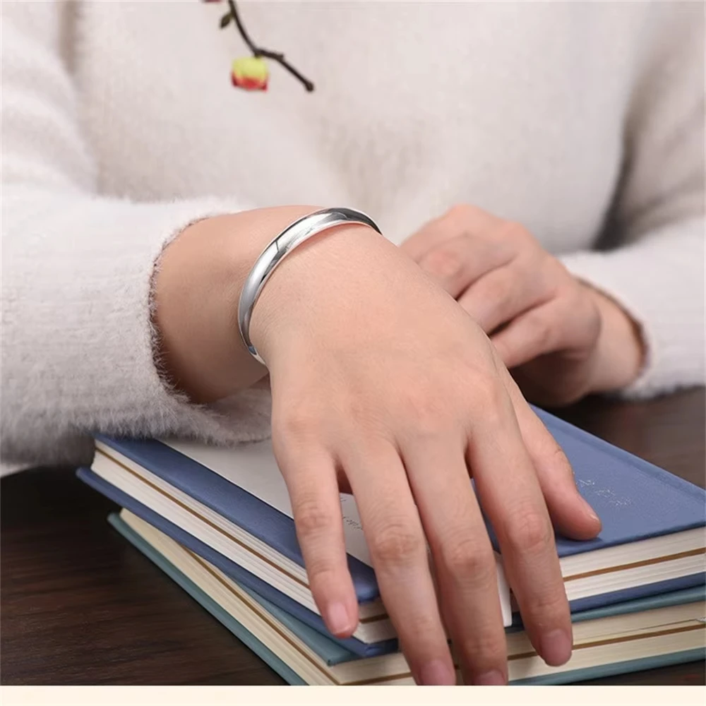 Traditional Blessing S999 Solid Silver Open Bangle Inner Full Heart Sutra Engraved Adjustable Size Elegant Ladies Jewelry