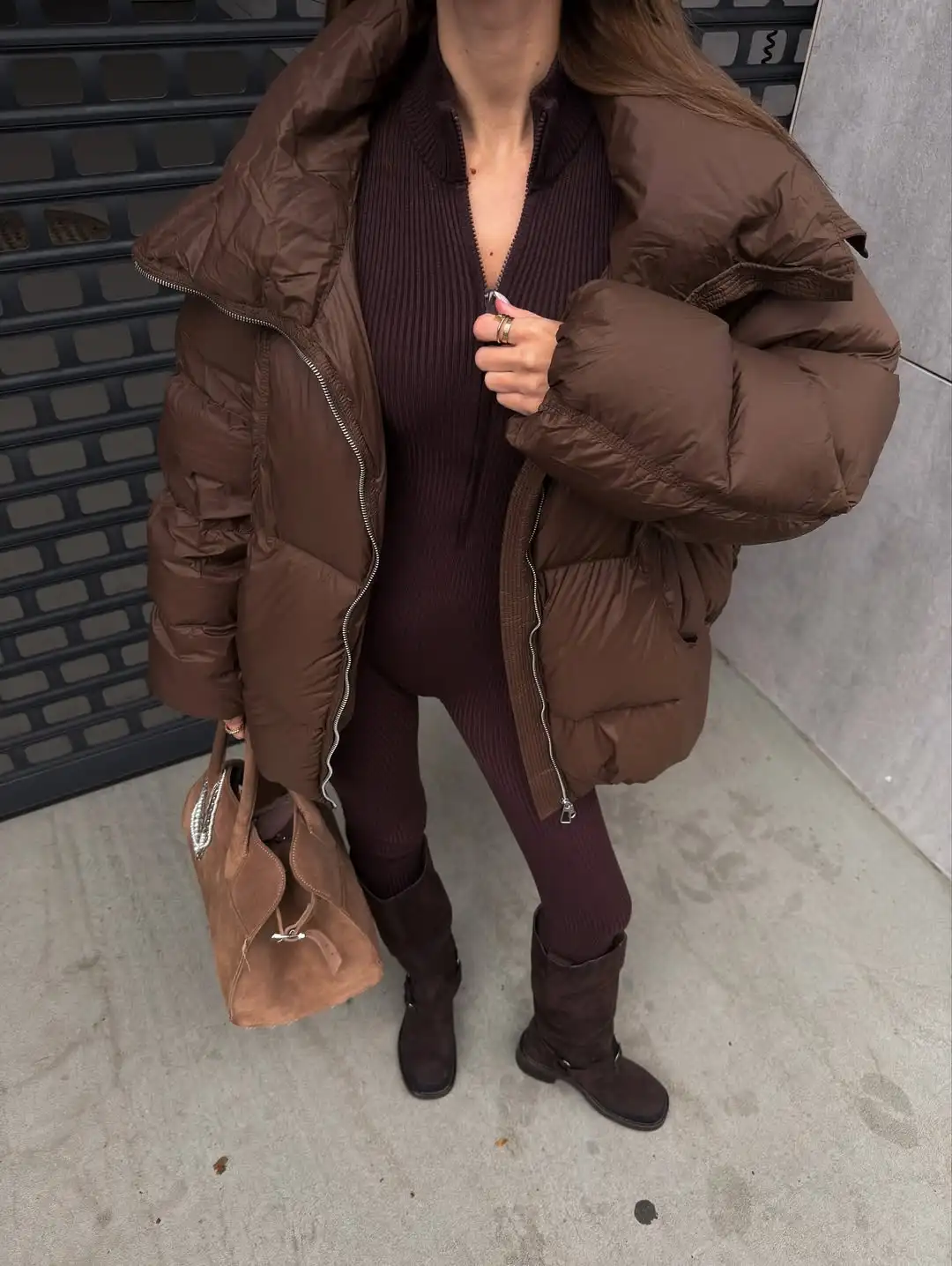 Cappotto da donna in cotone allentato marrone addensato Casual con cerniera con risvolto Tasca a maniche lunghe Capispalla caldi Cappotti da ufficio per pendolari invernali da donna