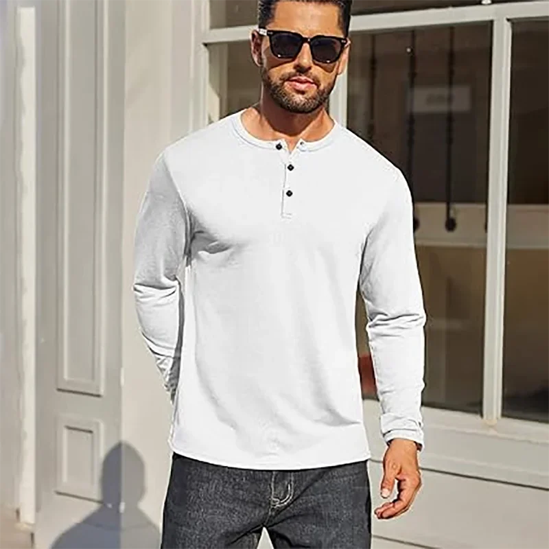 Herbst Herren Langarm Henley Shirts Baumwolle 3-Taste Frühling Casual T-Shirts Einfarbig Weiche Basic Tops Tees