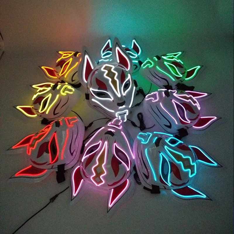 Máscara de zorro con luz LED, máscara de mujer, accesorios de disfraz de película de zorro, novedad, máscara de zorro de Anime japonés brillante, máscara de Animal