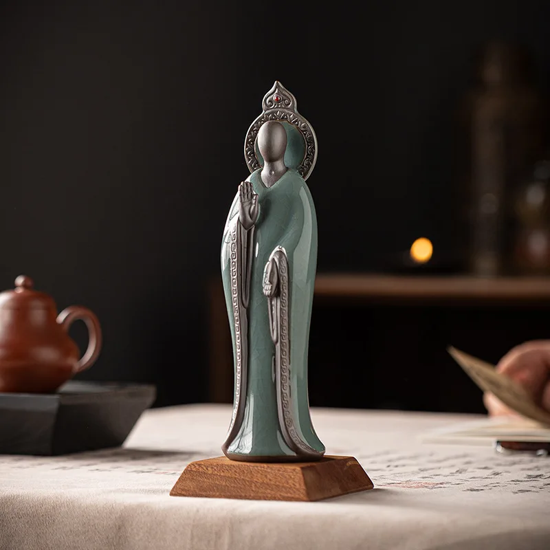 Chinese Zen Style No Face Buddha Ceramic Statue, Buddha Figurine For Tea Table Entrance, Tea Space Home Decor Craft Ornament