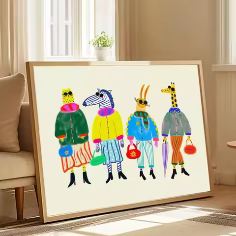 Colourful Cartoon Animals Art Poster Funny Canvas Classroom Kindergarten Bedroom Children's room Home Decorative Wall Art