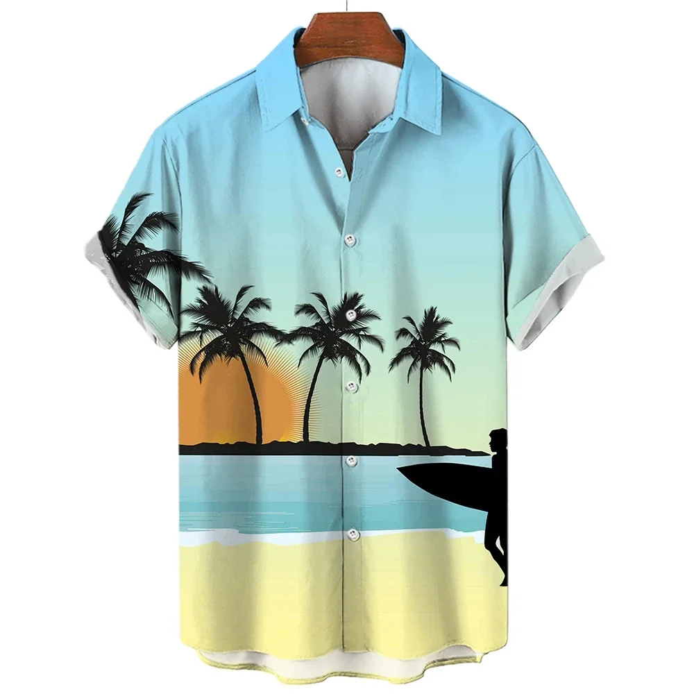 

Hawaiian Shirt Men Women Fashionable Seaside Print Pattern Lapel Short Sleeve Button Up Shirt Tops