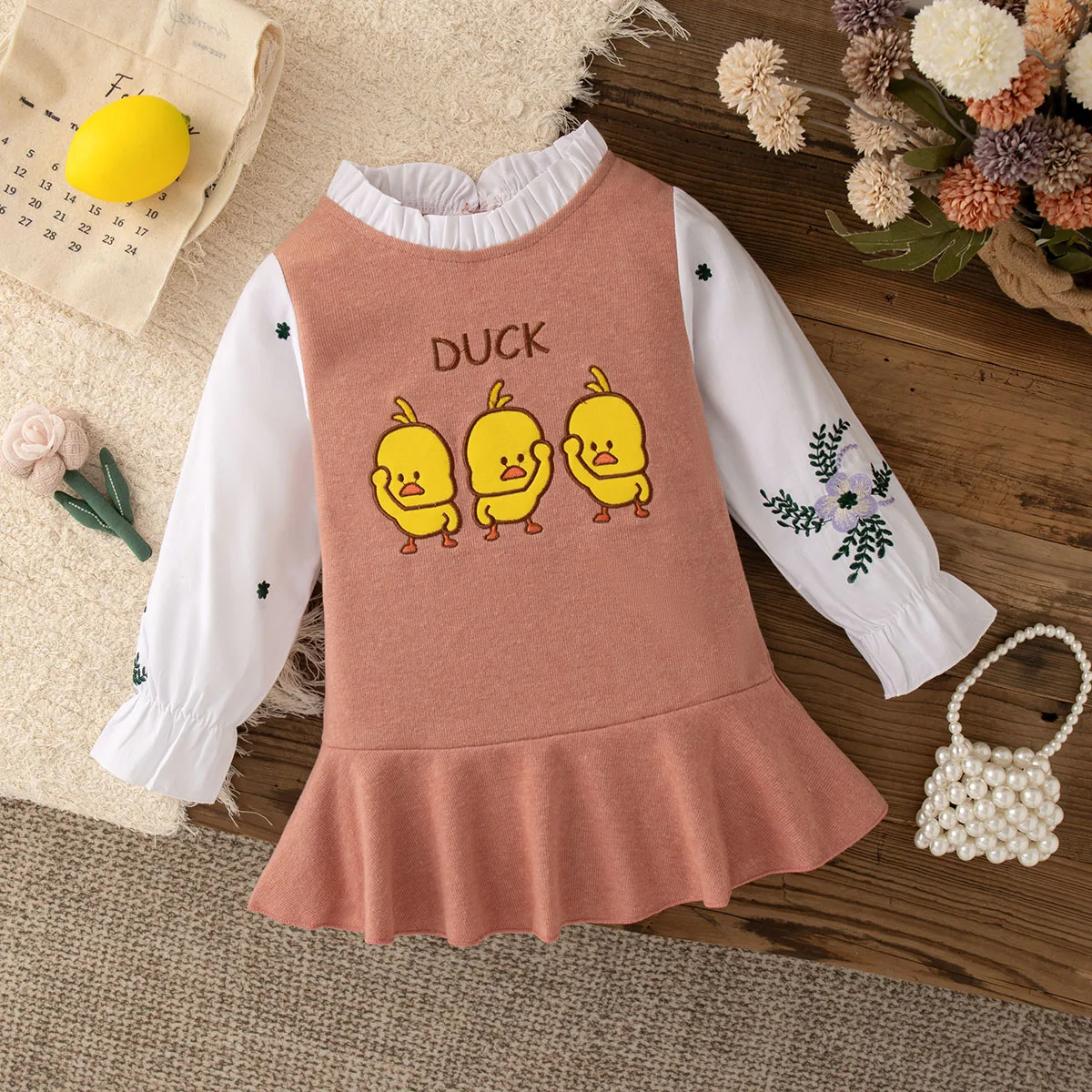 

Autumn Casual Dresses for Girls Cartoon Flower Embroidery Color Block Long Sleeved Dress Spring Cute Toddler Girl Dress