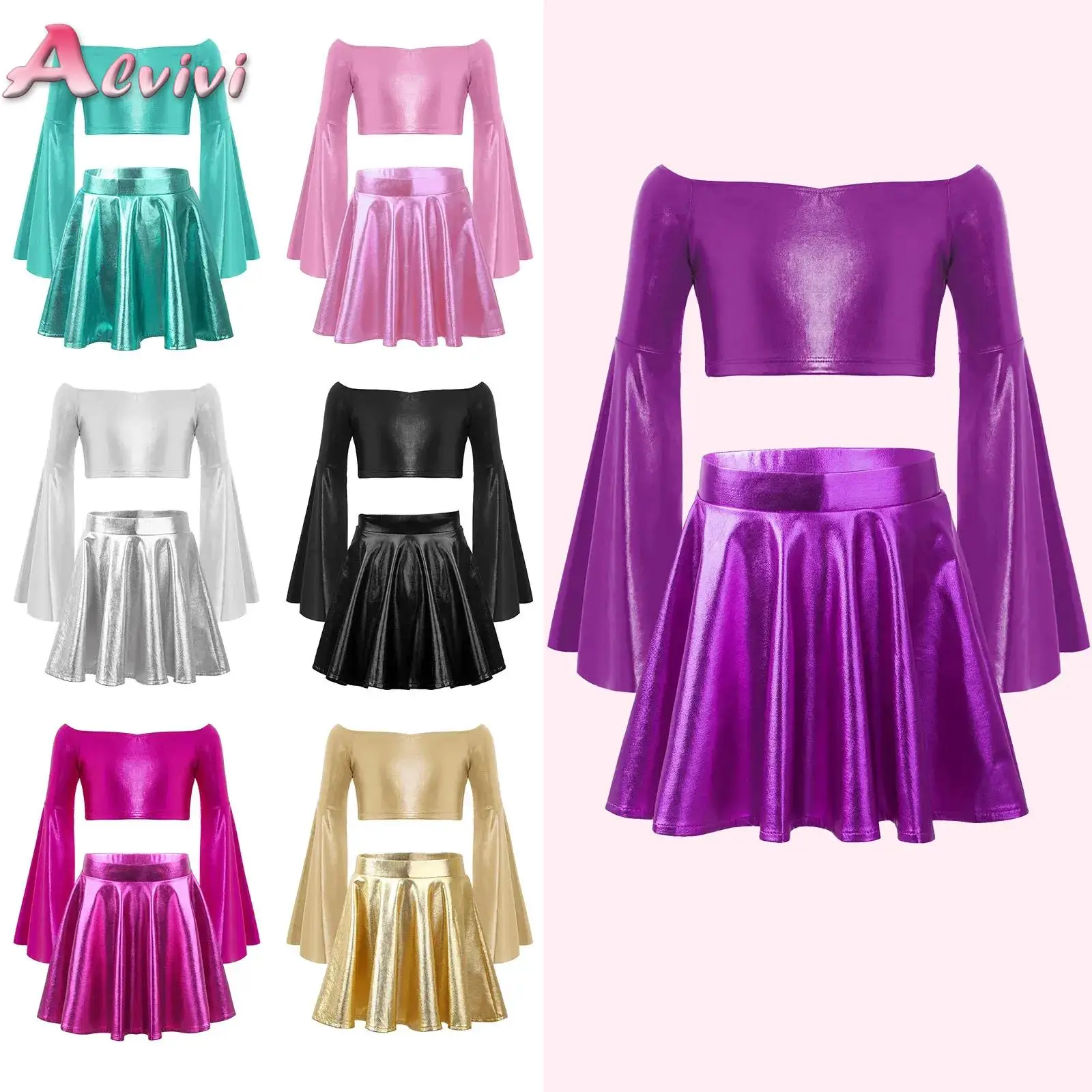 

Kids Girls Metallic Tracksuits T-shirts Top with Skirts Dancewear Sparkly Jazz Hip Hop Modern Dance Tops Performance Outfits