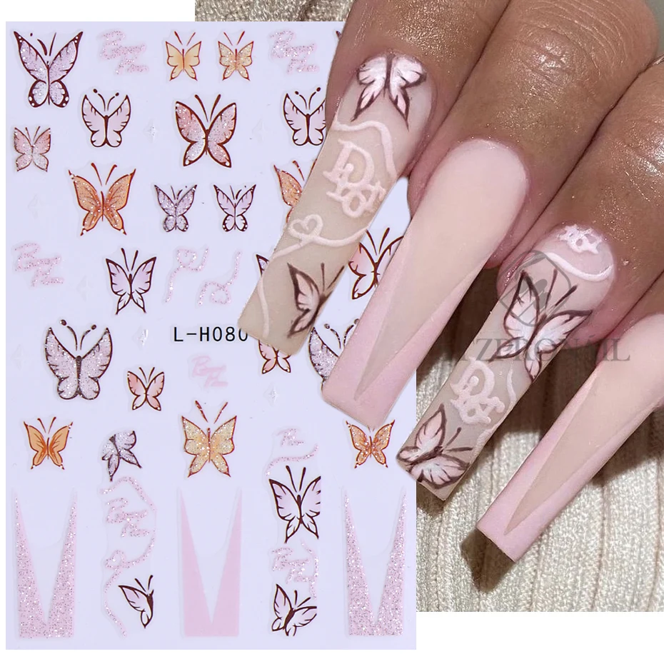 Gradient Glitter Butterfly Nail Stickers 3D Colorful Daisy Hibiscus Flower Lace France Manicure DIY Y2K Spring Summer Decoration