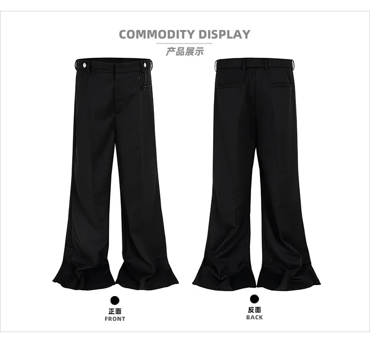 MIJKO 남성용 슬림 와이드 레그 팬츠 버튼 벨트가 있는 플레어 캐주얼 바지 블랙