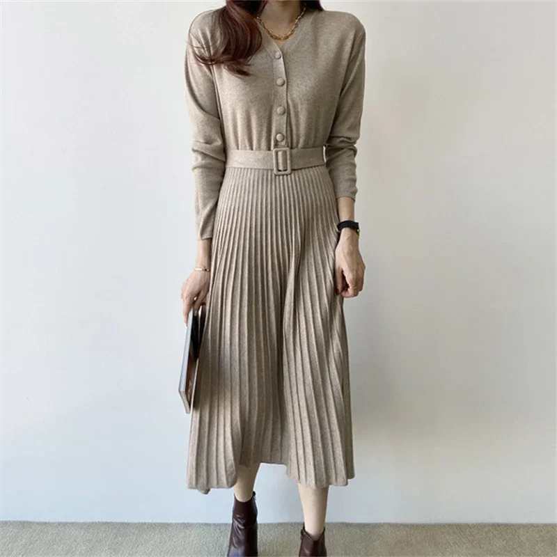 

Autumn Winter Kniting Women's Dress with Belted High Waist Button Solid Chic Korean Pleated Umbrella Dresses Female 2024 New