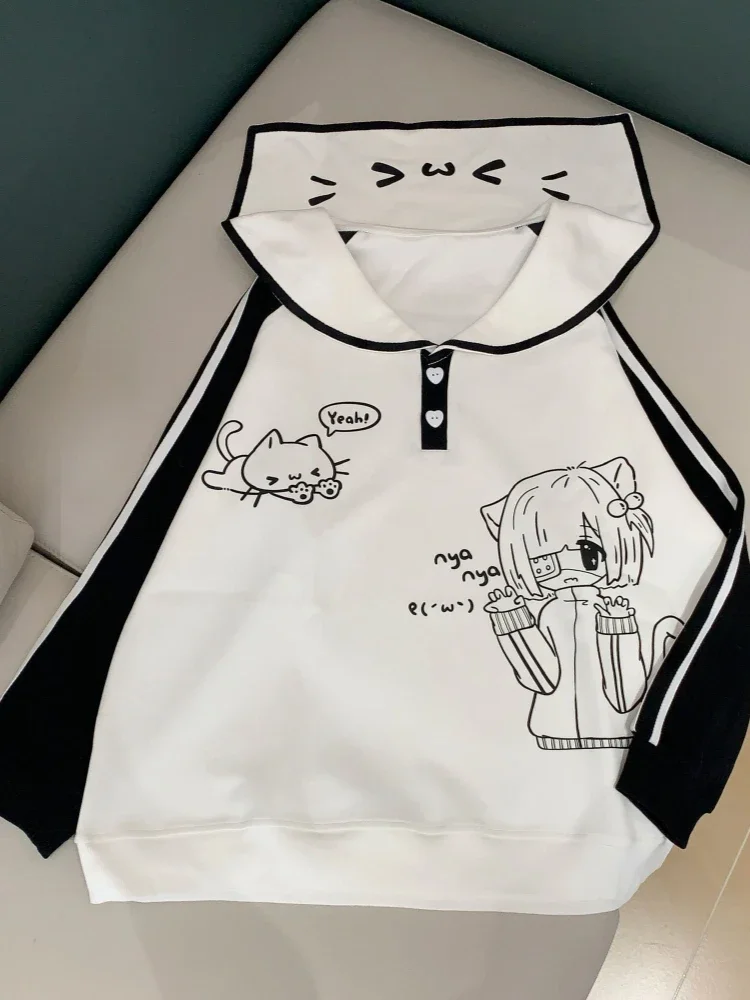 

2025 Y2K Aesthetic Women's Hoodie: Japanese Cartoon Print, Sailor Collar & Button Casual Sweatshirt (72 characters)