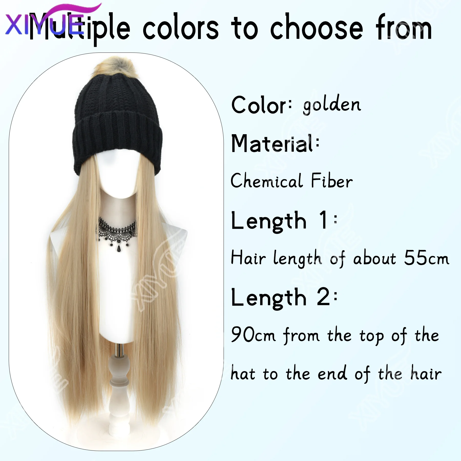 JKL Straight Hat wig Cap with Hair Hat Wig Golden Straight Wig Connect Synthetic Hair Women Warm Plush Knitted Autumn Winter Cap