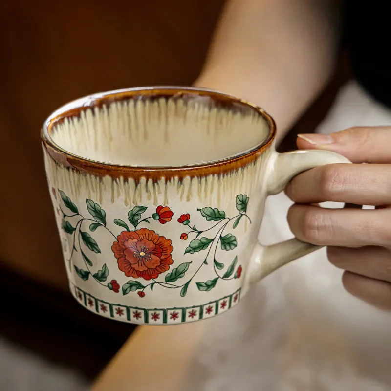 Red Peony High Value Mug Retro Coffee Mug Ceramic Drinking Mug Household Breakfast