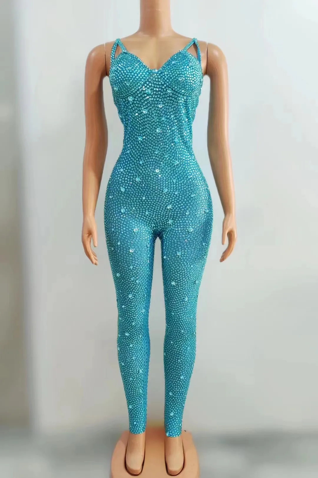 Luxurious Rhinestones Jumpsuit Gloves Women Evening Party Birthday Outfit Sexy Stage Mesh Performance Dance Costume Stage Wear