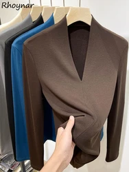 Long Sleeve Casual T-shirts Women Spring V-neck Slim Warm Korean Style Simple Fashion Solid Fit Streetwear All-match Elegant