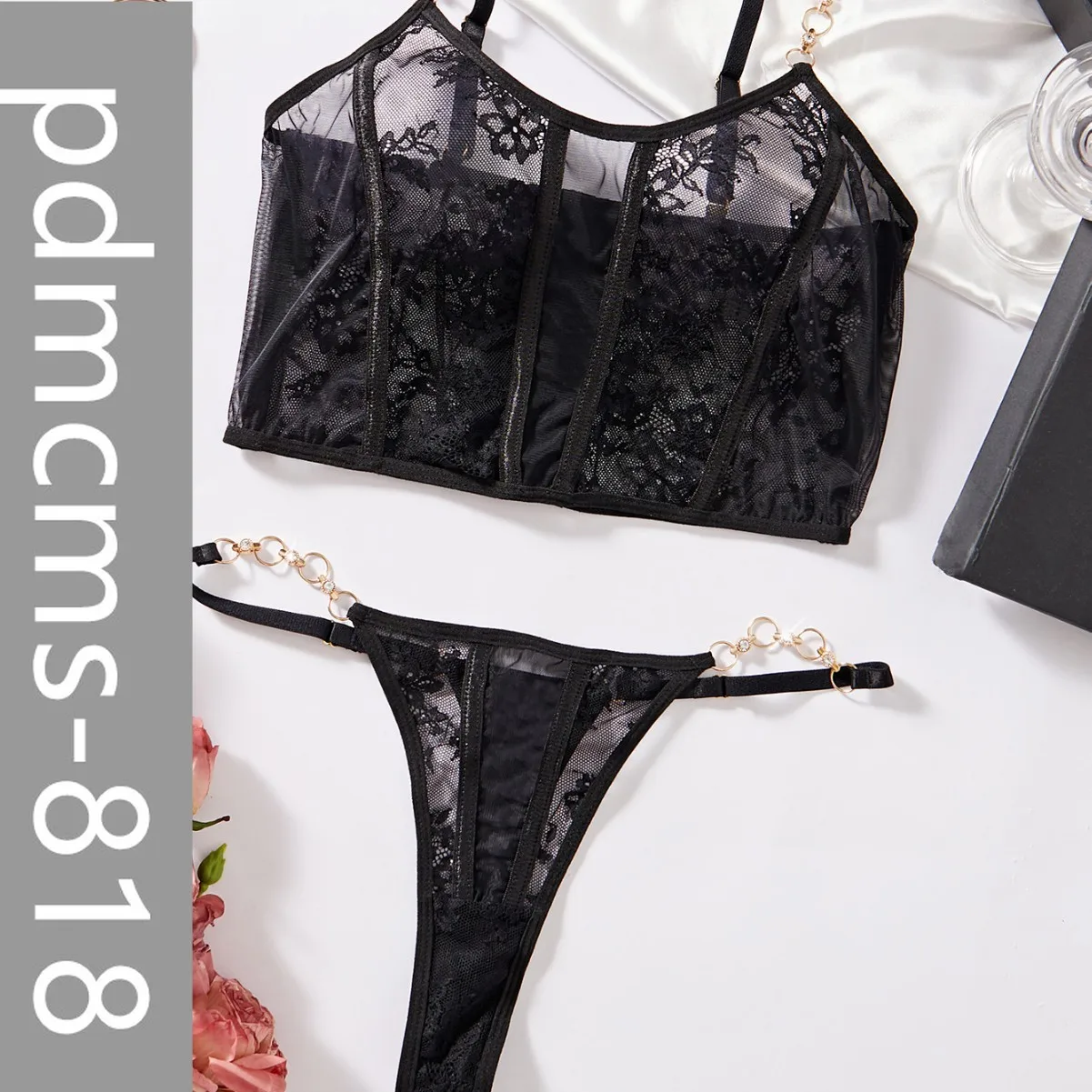 

2025 new summer lace lingerie gold chain suspender two-piece set women's big halter low-cut sexy sleeping clothes