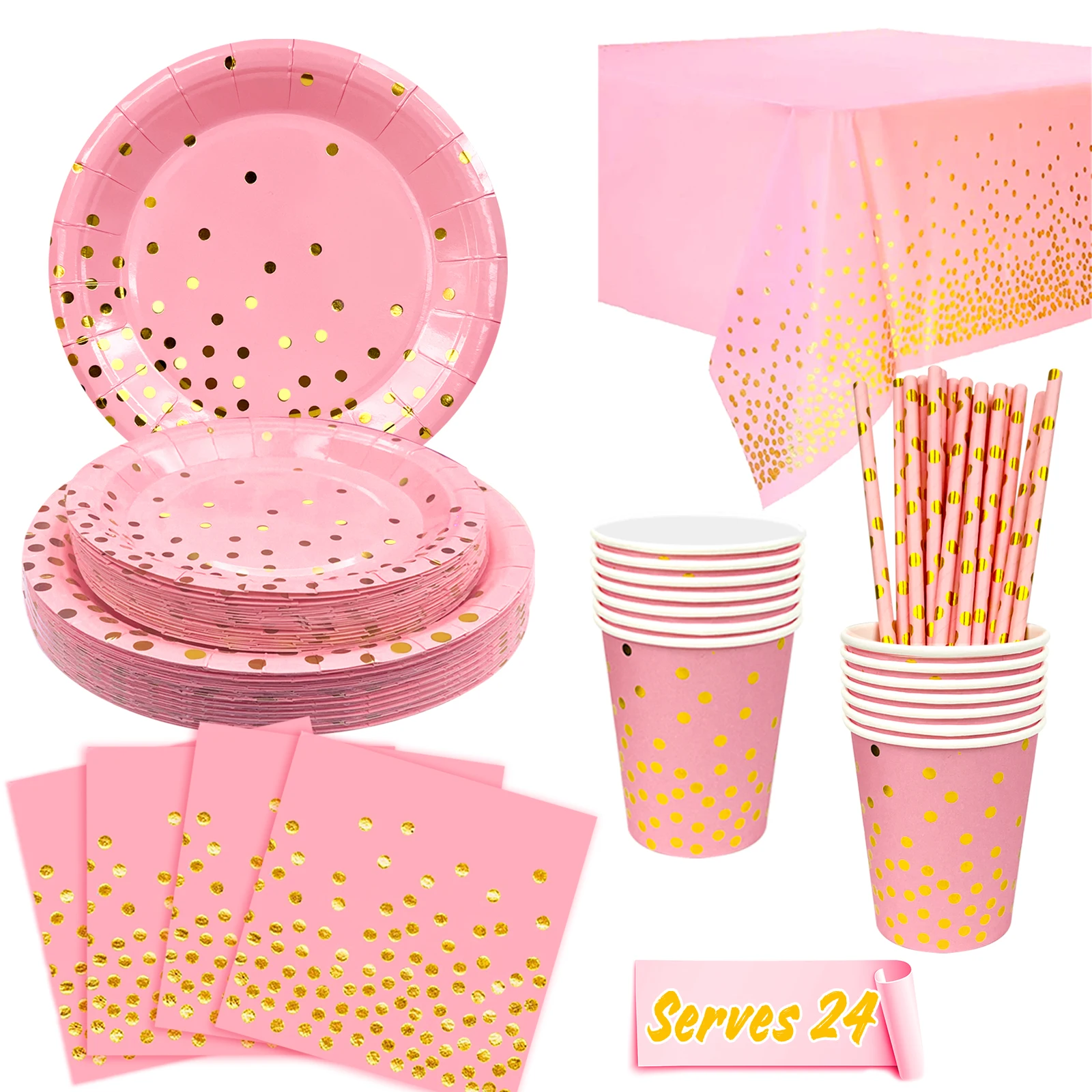 

193 Pcs Pink and Gold Dot Paper Party Tableware Set-Pink Paper Plates Cups Napkin Tablecloth etc Pink and Gold Party Supplies for Graduation,Wedding,Birthday,Holiday,Serves 24