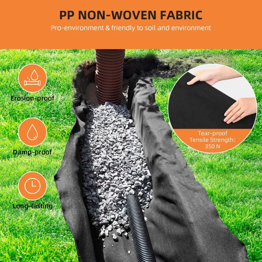 Geotextile Landscape, 6ft x 50ft & 6oz Geotextile Fabric, PP Drainage 350N Tensile Strength & 440N Load Capacity, for Driveway