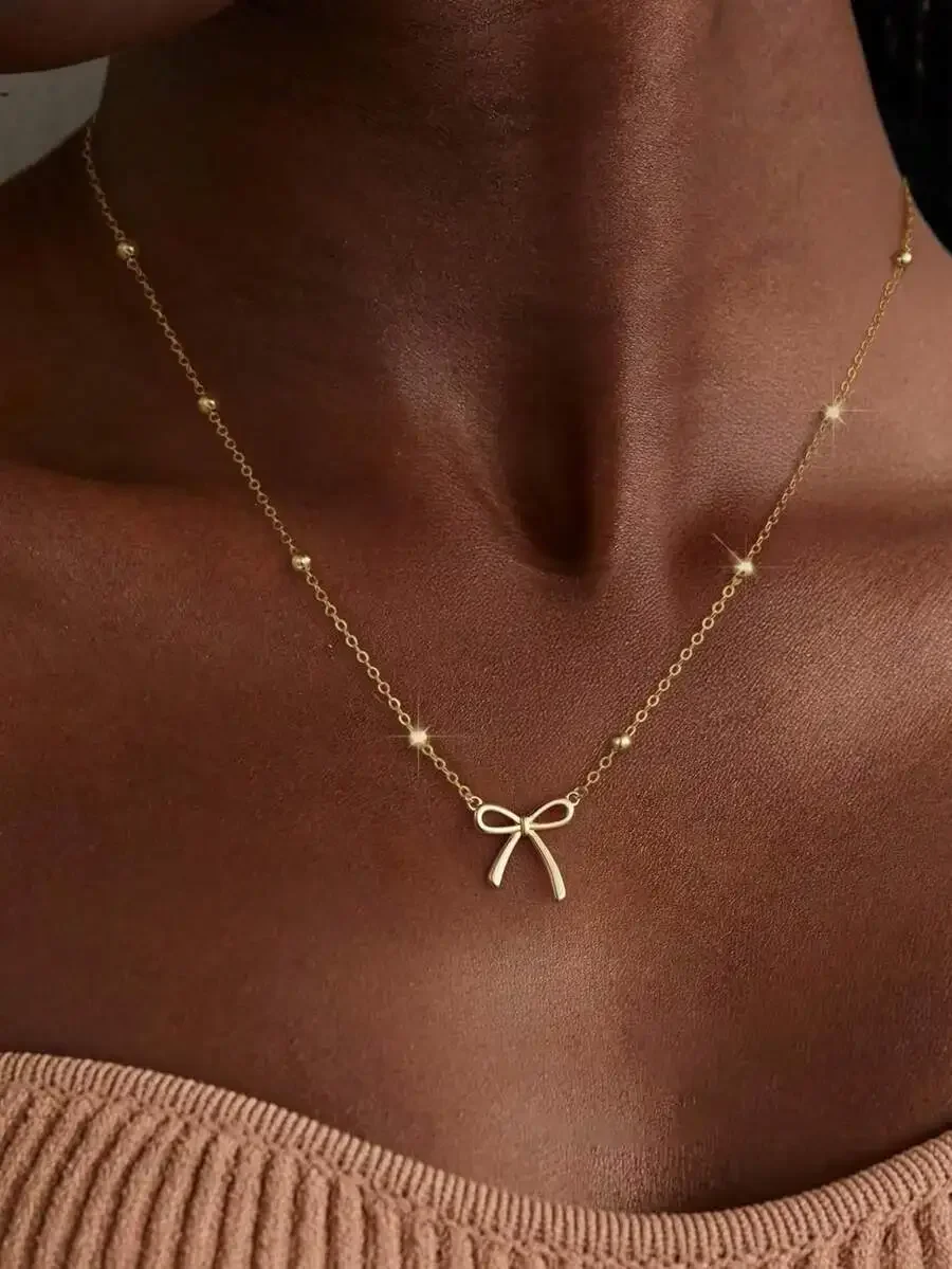 

Minimalist Bow Knot Pendant Beaded Chain Necklace For Women