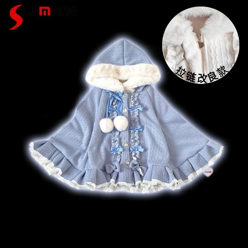 Soft Warm Cloak Coat Lolita Sweetheart Drill Mouth Hooded Fleece Short Cape Overcoat Y2k Sweet Zipper Ponchos Jacket Top Ladies
