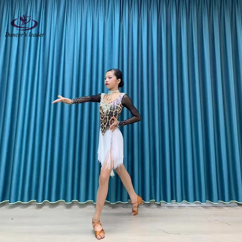 ชุดเต้นรำละติน, ประดับด้วยคริสตัล, ชุดเดรสลายดอกไม้พิมพ์ลายเสือดาวสั่งทำพิเศษระดับไฮเอนด์สำหรับผู้ใหญ่และเด็ก, ชุดแสดงแซมบ้า