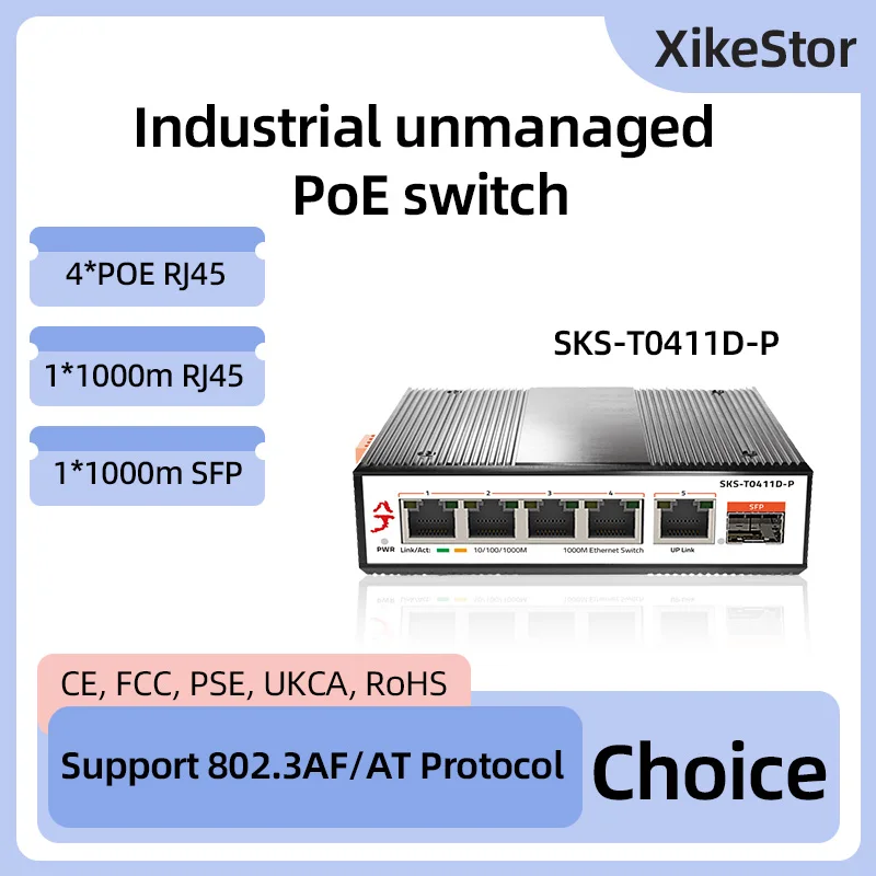 XikeStor 1000M POE 5-Port 1G RJ45 1-Port 1 G SFP Ethernet Resistant to High & Low Temperatures