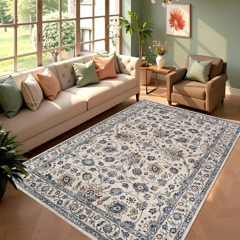 Vintage Green Persian Floral Pattern Carpet Soft Non-slip Floor Mat Traditional Boho Rug Home Decoration for Living Room Bedroom