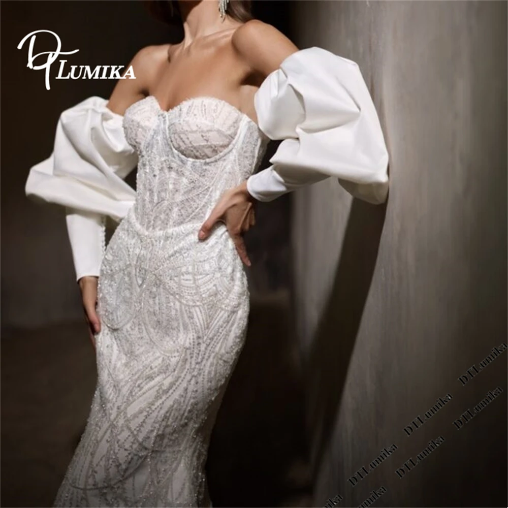 

DTLumika Customized Beaded Long Mermaid Bride Dresses Detachable Off Shoulder Sleeves Lace Corset Women's Wedding Dress