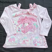 Japanese Y2k T Shirts Women Clothing Fake Two Long Sleeve Tees Fashion Anime Print Camisetas Crop Tops Tunic Casual Cute T-shirt